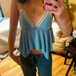 Size S, baby blue & white lace/silk blouse top